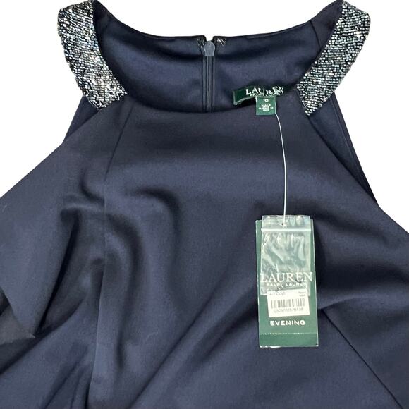 Lauren Ralph Lauren Navy Blue Beaded Halter Ruffle Sheath Dress size 10 NEW Tags - Picture 3 of 13